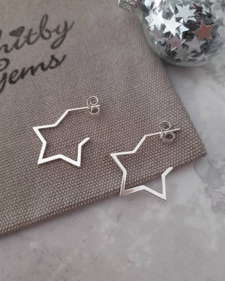 Silver Star Hoops,Star Earring,Silver Star Jewellery,Gift For Her,Christmas Star